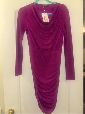 Magenta Shimmer Long-Sleeve Draped Ruched Dress
